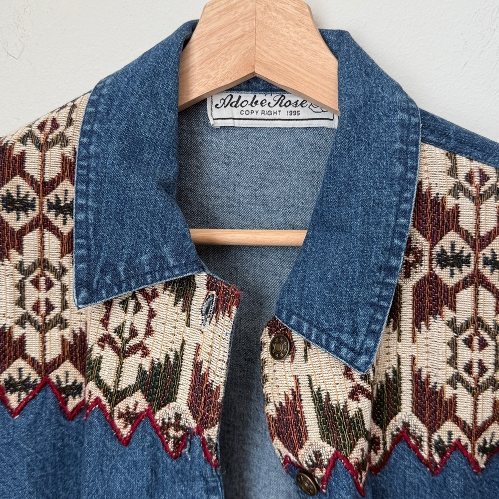 90’ Vintage Blue Denim Jacket with Patterned Accents - Picture 6 of 13